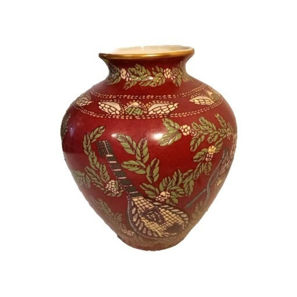 Andrea by Sadek VTG Red Violin Bird Greenery Pottery Vase 9.5"t China Rare HTF